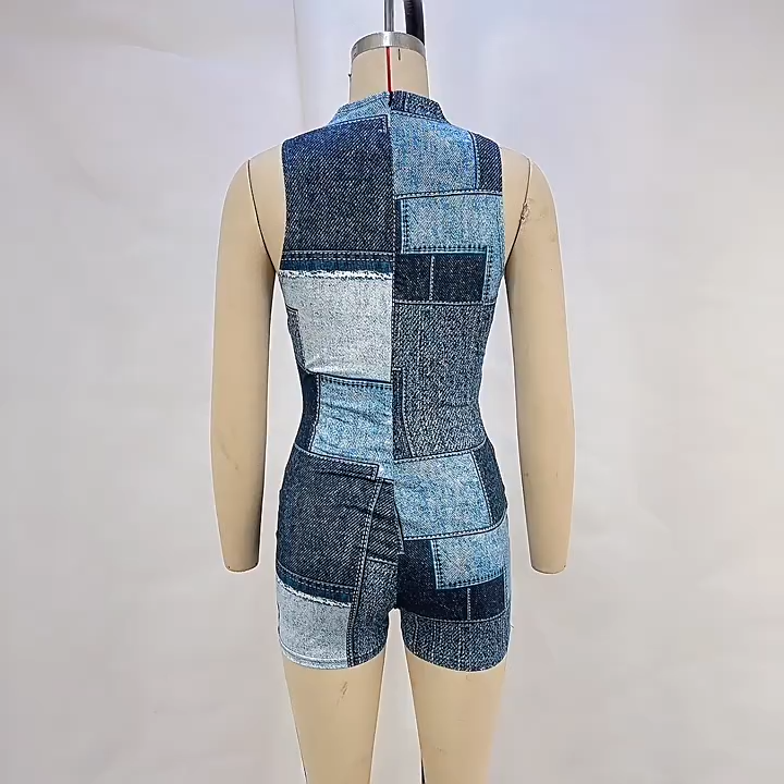 OM-2025 Summer New Casual Sleeveless Denim Printed Waist-cinching and Butt-lifting Jumpsuit